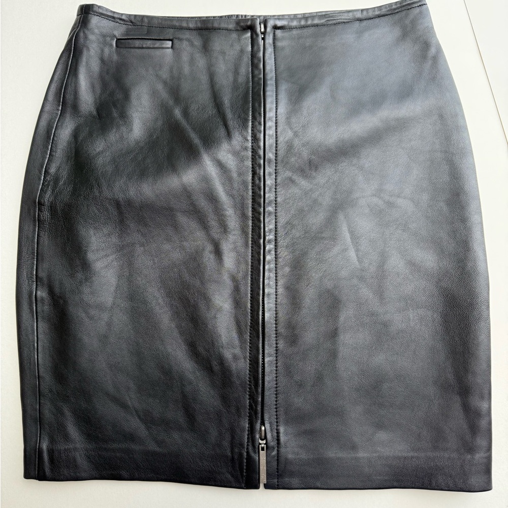 Express 100% Leather Double Zipper Front Slit Black Pencil Skirt 90s 9/10